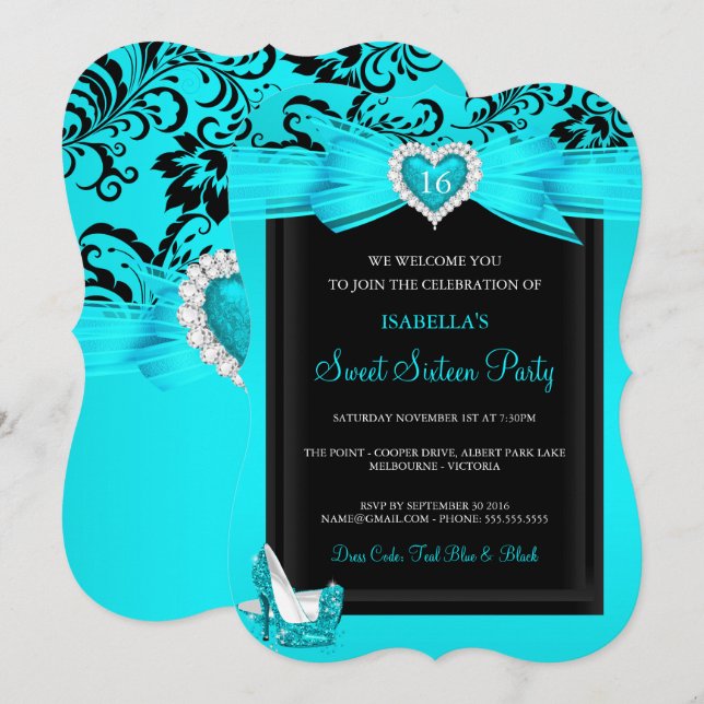 Teal Blue Heart Sweet 16 Birthday Party High Heels Invitation (Front/Back)