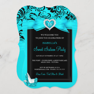 Teal Blue Heart Sweet 16 Birthday Party High Heels Invitation