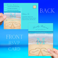 Teal Blue hearts in the sand Beach Wedding Postcar