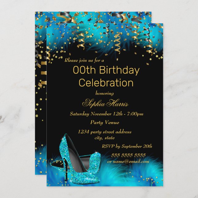 Teal Blue Heel Gold Feather glitter Birthday party Invitation (Front/Back)