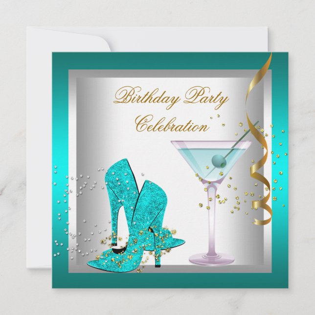 Teal Blue High Heel Shoes Gold Birthday Party Invitation (Front)