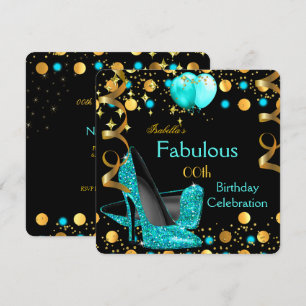 Teal Blue High Heels Gold Balloons Birthday Party Invitation