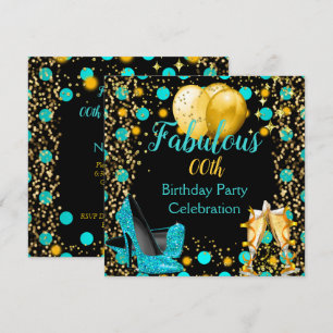 Teal blue High Heels Gold Balloons Champagne Party Invitation