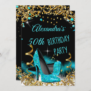 Teal Blue High Heels Gold Sparkle Birthday Party Invitation