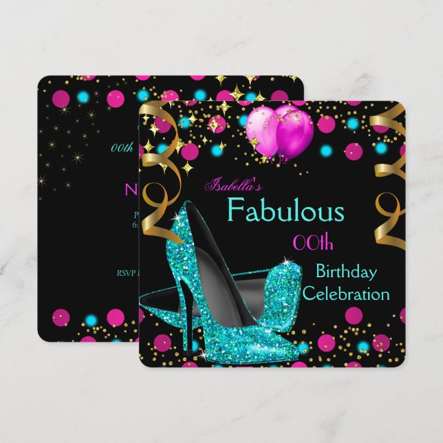 Teal Blue High Heels Shoes Hot Pink Birthday Party Invitation (Front/Back)