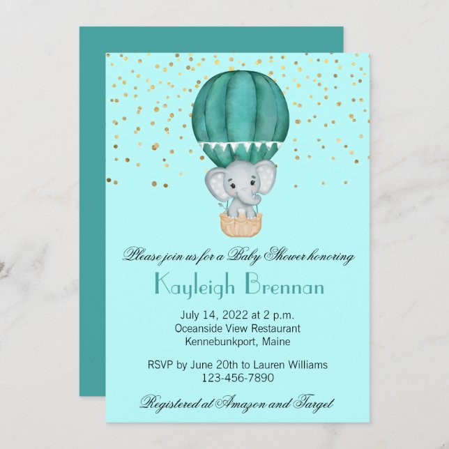 Teal Blue Hot Air Balloon Baby Boy Elephant Shower Invitation (Front/Back)
