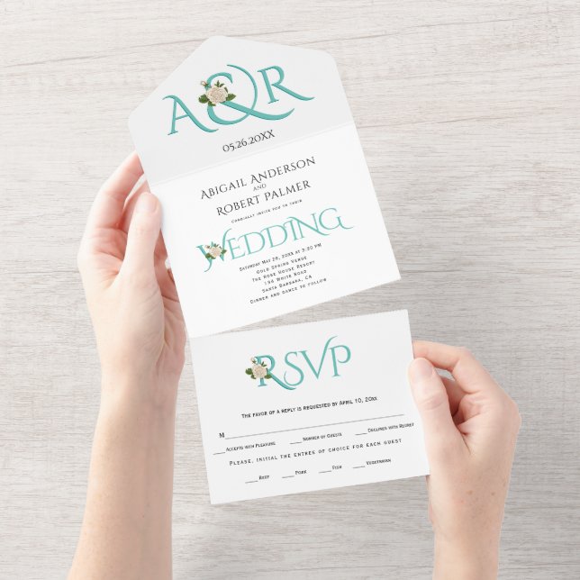 Teal blue initials and ampersand, rose wedding all in one invitation (Tearaway)