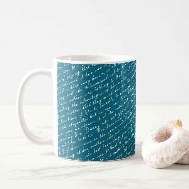 Teal Blue Jane Austen Pride Prejudice Netherfield Coffee Mug (With Donut)