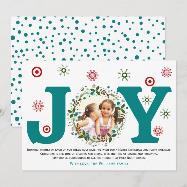 Teal blue Joy, Christmas floral wreath photo Holiday Card (Front/Back)