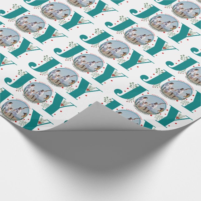 Teal blue JOY Merry Christmas holiday photo Wrapping Paper (Corner)
