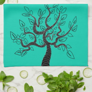 Teal Blue Kitchen Towel with Trees - Choose Colour
