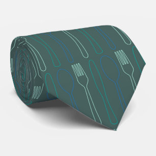 Teal Blue Knife Fork Spoon Patterned Chef Tie