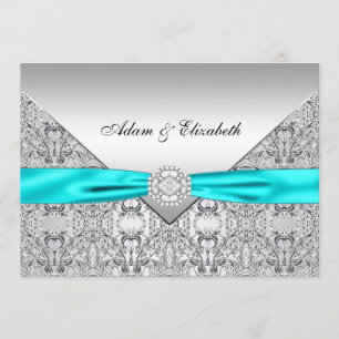 Teal Blue Lace Diamond Ribbon Wedding 5x7 Invitation