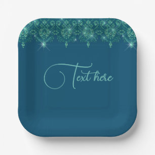 Teal blue lace elegant sparkle paper plate