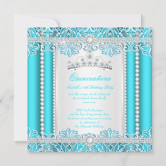 Teal Blue Lace Princess Quinceanera Diamond Invitation (Front)