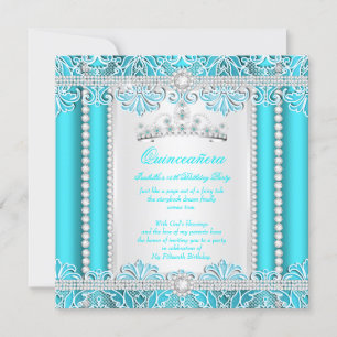 Teal Blue Lace Princess Quinceanera Diamond Invitation
