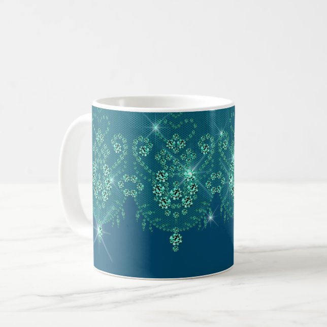 Teal blue lace sparkle jewel look elegant  coffee mug (Front Left)