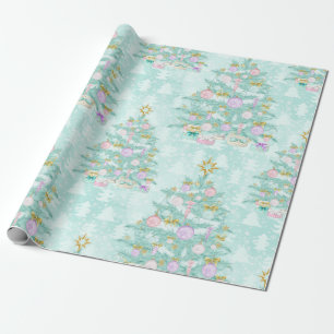 Teal Blue Lavender Christmas Tree Gift Wrap Paper