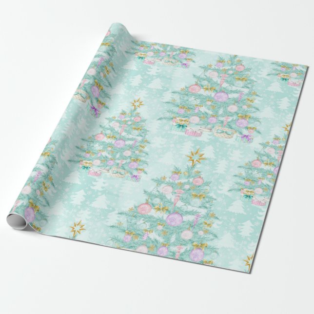 Teal Blue Lavender Christmas Tree Gift Wrap Paper (Unrolled)