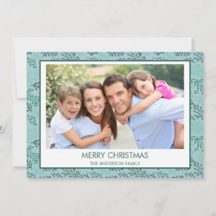 Teal Blue Leaf Pattern Simple Merry Christmas Holiday Card