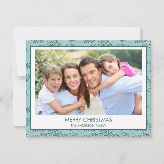 Teal Blue Leaf Pattern Simple Merry Christmas Holiday Card (Front)