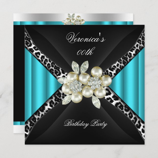 Teal Blue Leopard Pearl Diamond Birthday Party Invitation (Front/Back)