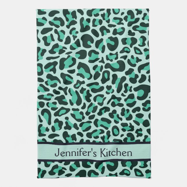 Teal Blue Leopard Print Retro Kitchen Towel (Vertical)