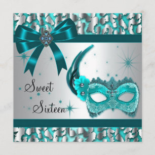 Teal Blue Leopard Sweet Sixteen Masquerade Party Invitation