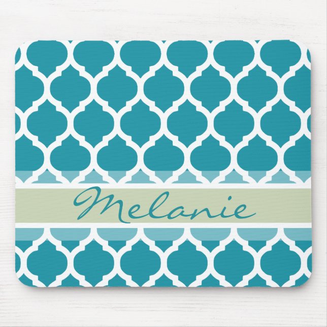 Teal Blue & Light Grey Lattice Pattern Mouse Pad (Front)