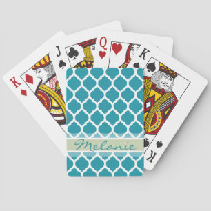 Teal Blue & Light Grey Lattice Pattern Playing Cards