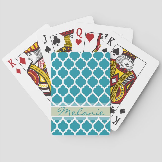 Teal Blue & Light Grey Lattice Pattern Playing Cards (Back)