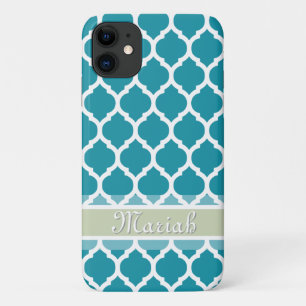 Teal Blue & Light Mint Lattice Custom Name iPhone 11 Case