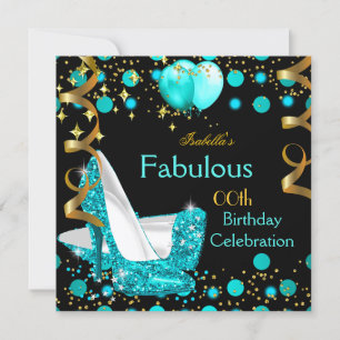 Teal Blue Lights High Heels Gold Birthday Party Invitation
