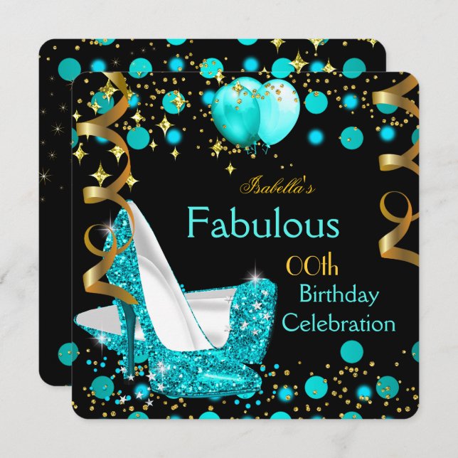 Teal Blue Lights High Heels Gold Birthday Party Invitation (Front/Back)