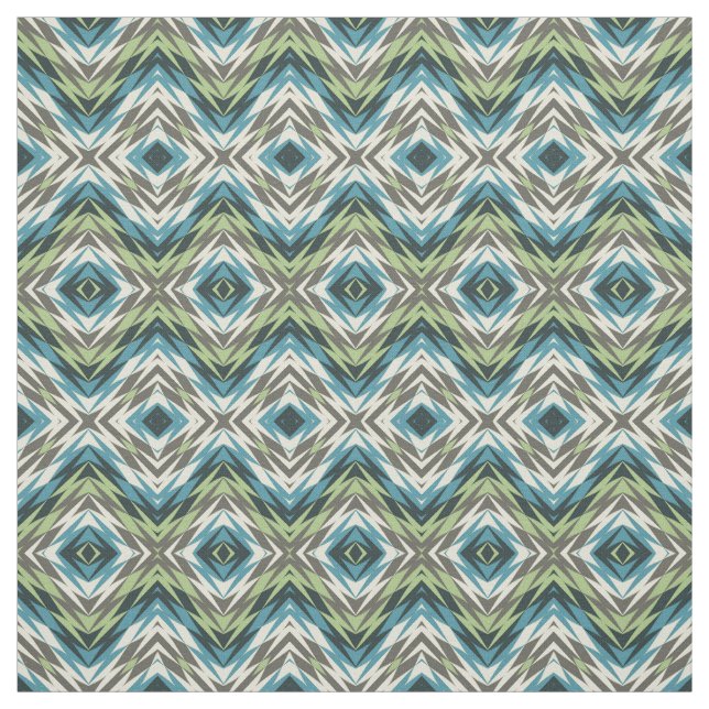 Teal Blue Lime Green Taupe Aztec Mosaic Pattern Fabric (Swatch)