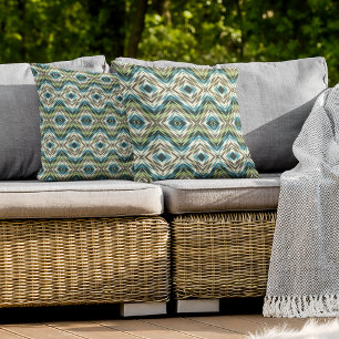 Teal Blue Lime Green Taupe Brown Ivory Tribal Art Cushion