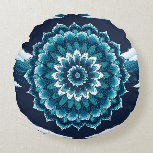 Teal Blue Mandala Flower Round Throw Pillow | Boho (Front)