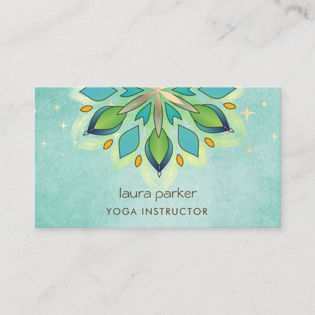 Teal Blue Mandala Holistic Lotus Floral Zen Yoga  Business Card (Front)