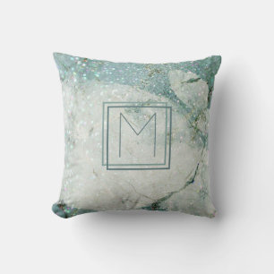 Teal Blue Marble Abstract Monogram Frame Cushion
