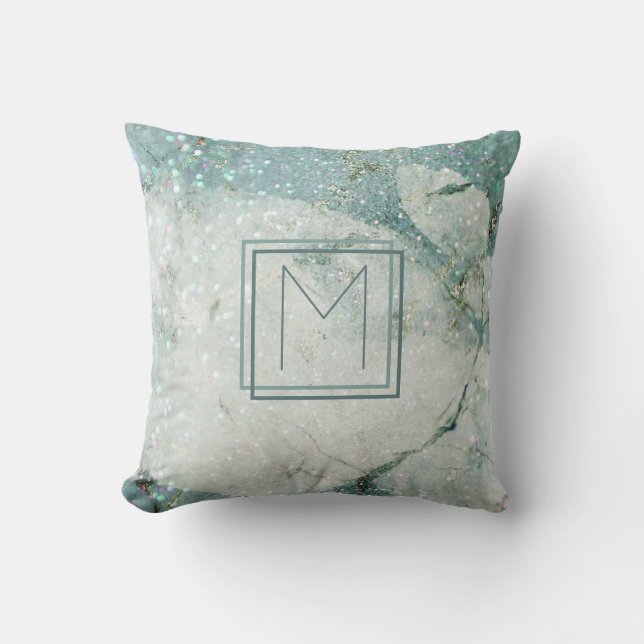 Teal Blue Marble Abstract Monogram Frame Cushion (Front)