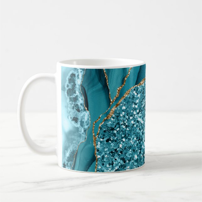 Teal Blue Marble Geode Gold Glitter Agate Coffee Mug (Left)