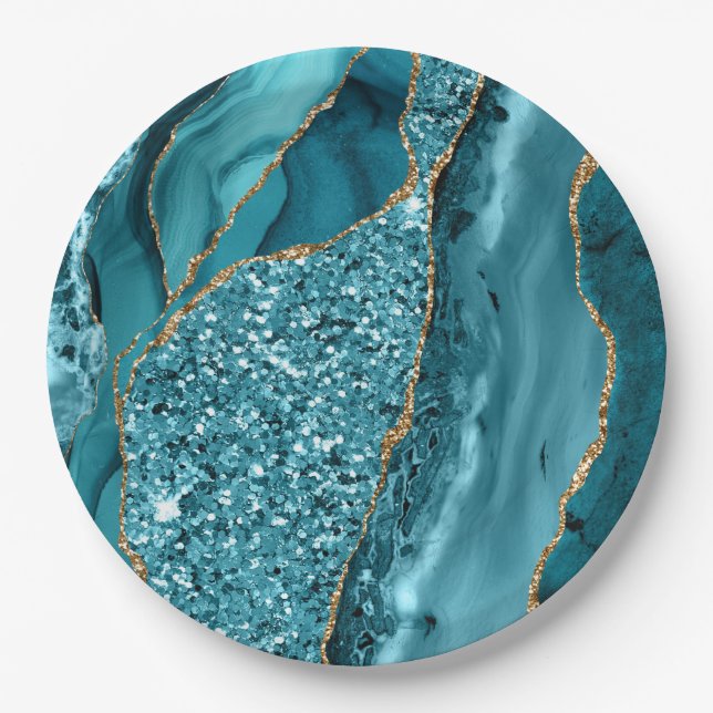 Teal Blue Marble Geode Gold Glitter Agate Paper Plate (Front)