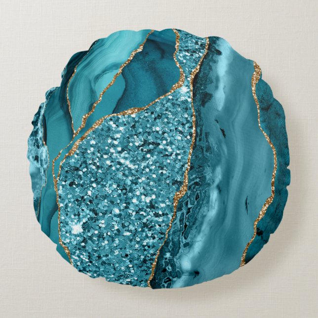 Teal Blue Marble Geode Gold Glitter Agate Round Cushion (Front)