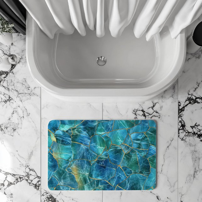 Teal Blue Marble Texture with Gold Veins Bath Mat (Creator Uploaded)