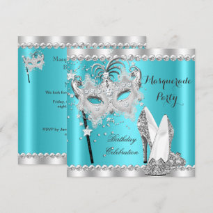 Teal Blue Masquerade Mask Hi Heels Birthday Party Invitation