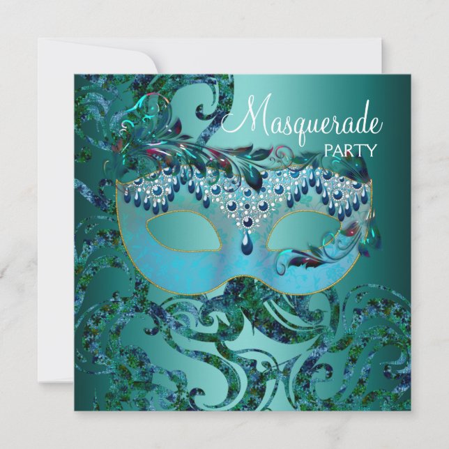 Teal Blue Masquerade Party Invitations (Front)