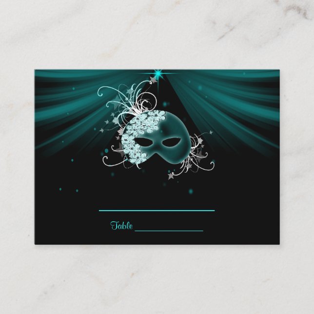 Teal Blue Masquerade Party Table Cards (Front)