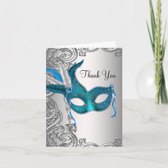Teal Blue Masquerade Party Thank You Cards (Front)
