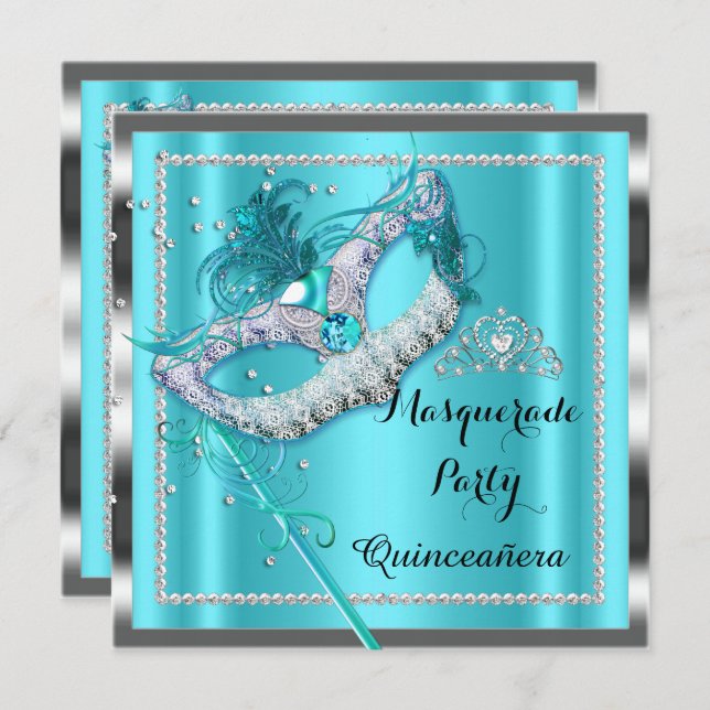 Teal Blue Masquerade Quinceanera Party Mask 2 Invitation (Front/Back)