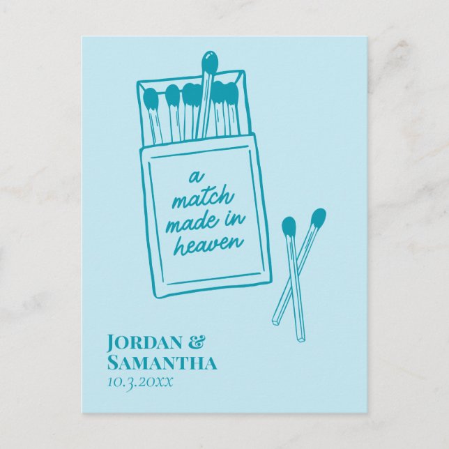 Teal Blue Match Made in Heaven Save the Date Postcard (Front)